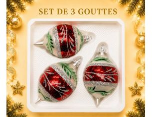Coffret 3 gouttes de Noël blanc bande centrale rouge motif fougère pailleté argent rameaux verts peints  Ø7cm H10cm