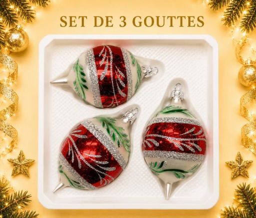 Coffret 3 gouttes de Noël blanc bande centrale rouge motif fougère pailleté argent rameaux verts peints  Ø7cm H10cm