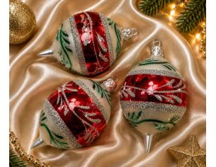 Coffret 3 gouttes de Noël blanc bande centrale rouge motif fougère pailleté argent rameaux verts peints  Ø7cm H10cm