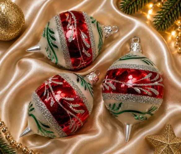 Coffret 3 gouttes de Noël blanc bande centrale rouge motif fougère pailleté argent rameaux verts peints  Ø7cm H10cm