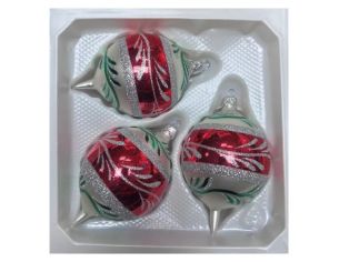 Coffret 3 gouttes de Noël blanc bande centrale rouge motif fougère pailleté argent rameaux verts peints  Ø7cm H10cm