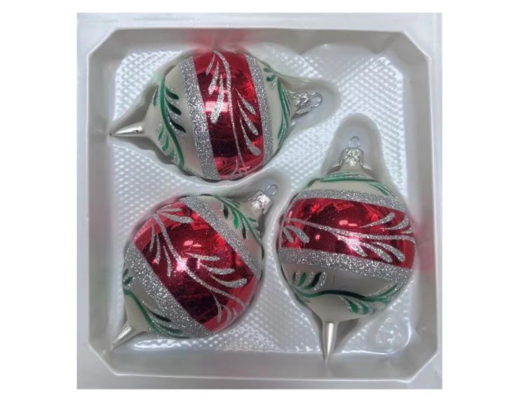Coffret 3 gouttes de Noël blanc bande centrale rouge motif fougère pailleté argent rameaux verts peints  Ø7cm H10cm