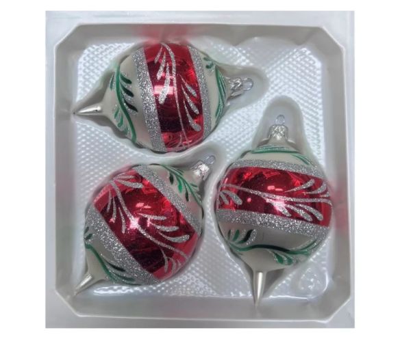 Coffret 3 gouttes de Noël blanc bande centrale rouge motif fougère pailleté argent rameaux verts peints  Ø7cm H10cm