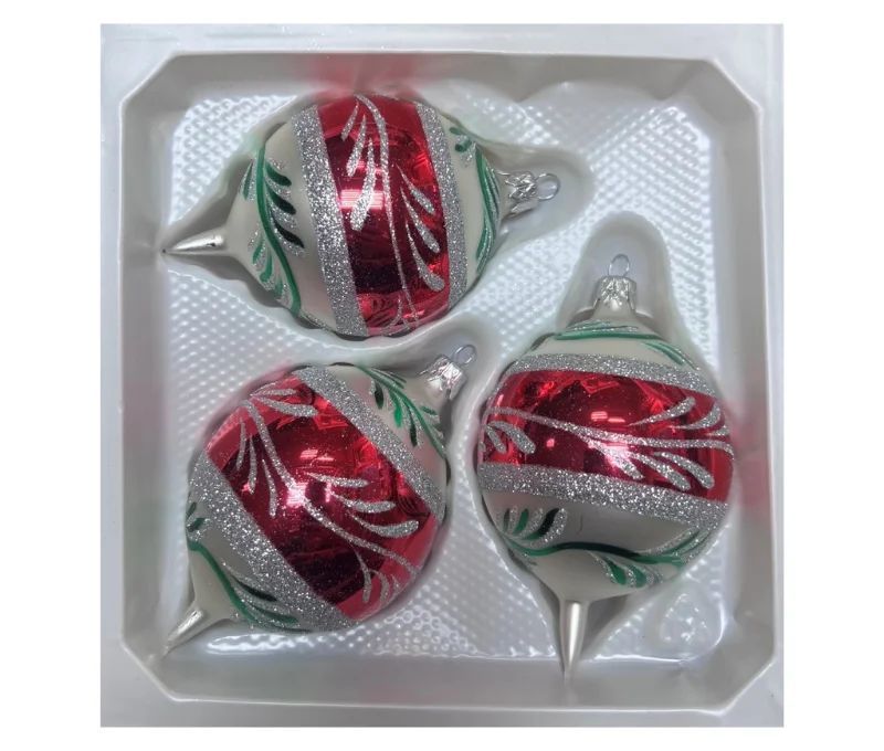 Coffret 3 gouttes de Noël blanc bande centrale rouge motif fougère pailleté argent rameaux verts peints  Ø7cm H10cm