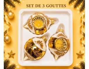 Coffret 3 gouttes de Noël  blanc mat doré bordure de rayons pailletés dorés réflecteur Ø7cm H10cm