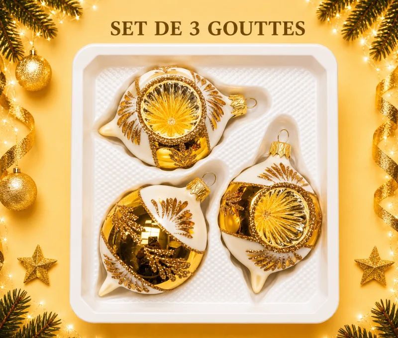 Coffret 3 gouttes de Noël  blanc mat doré bordure de rayons pailletés dorés réflecteur Ø7cm H10cm