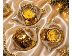 Coffret 3 gouttes de Noël  blanc mat doré bordure de rayons pailletés dorés réflecteur Ø7cm H10cm