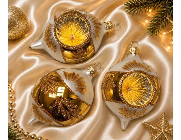 Coffret 3 gouttes de Noël  blanc mat doré bordure de rayons pailletés dorés réflecteur Ø7cm H10cm