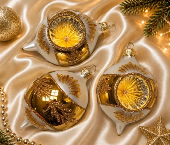 Coffret 3 gouttes de Noël  blanc mat doré bordure de rayons pailletés dorés réflecteur Ø7cm H10cm