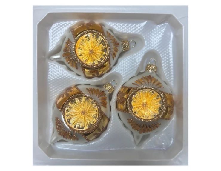 Coffret 3 gouttes de Noël  blanc mat doré bordure de rayons pailletés dorés réflecteur Ø7cm H10cm