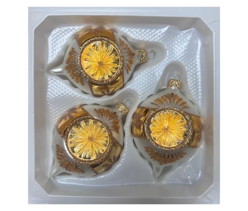 Coffret 3 gouttes de Noël  blanc mat doré bordure de rayons pailletés dorés réflecteur Ø7cm H10cm