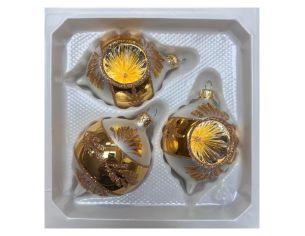 Coffret 3 gouttes de Noël  blanc mat doré bordure de rayons pailletés dorés réflecteur Ø7cm H10cm