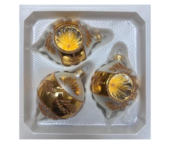 Coffret 3 gouttes de Noël  blanc mat doré bordure de rayons pailletés dorés réflecteur Ø7cm H10cm