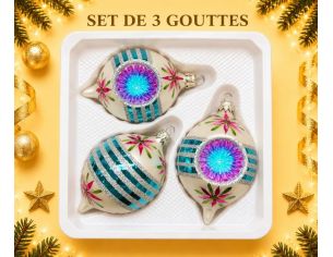 Coffret 3 gouttes de Noël verre soufflé peint à la main blanc fleurs  Ø7cm H10cm
