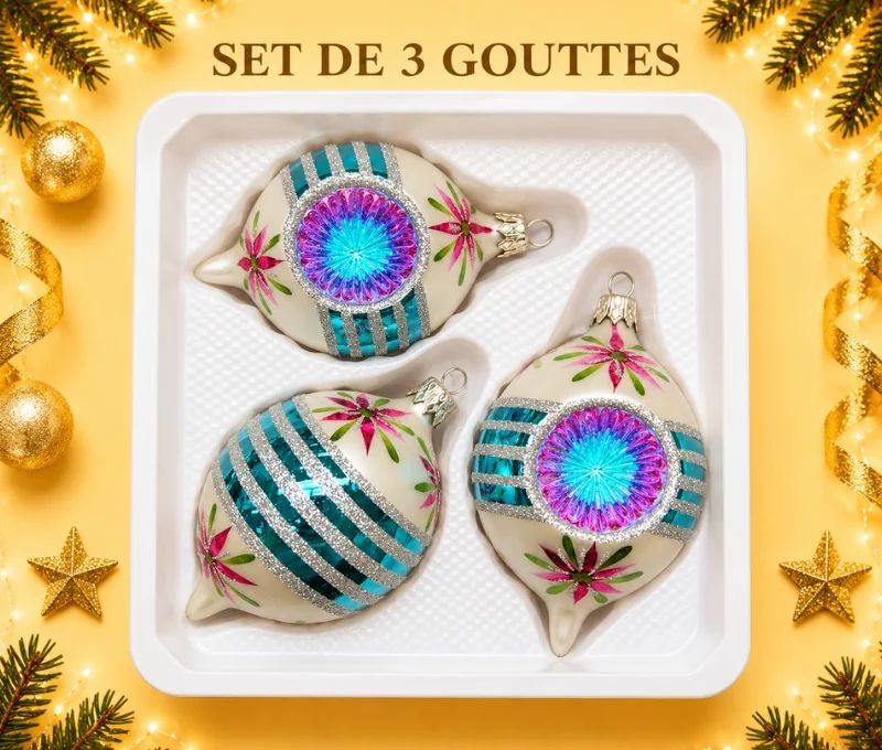 Coffret 3 gouttes de Noël verre soufflé peint à la main blanc fleurs  Ø7cm H10cm