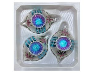Coffret 3 gouttes de Noël verre soufflé peint à la main blanc fleurs  Ø7cm H10cm