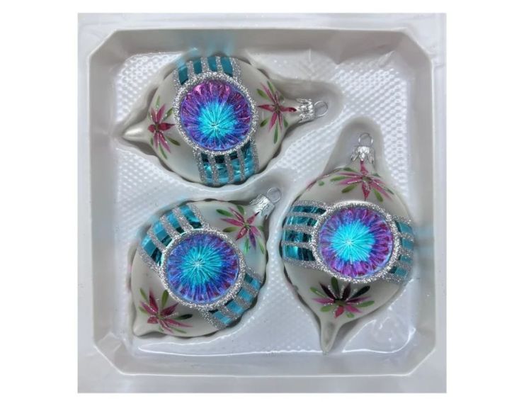 Coffret 3 gouttes de Noël verre soufflé peint à la main blanc fleurs  Ø7cm H10cm