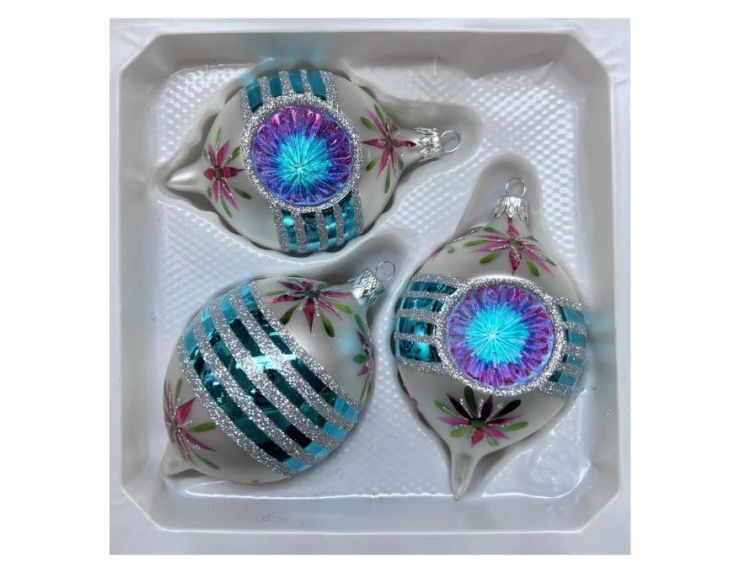 Coffret 3 gouttes de Noël verre soufflé peint à la main blanc fleurs  Ø7cm H10cm