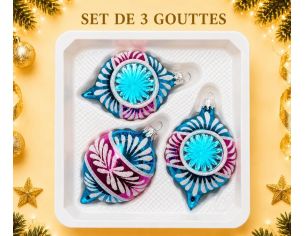 Coffret 3 gouttes de Noël verre soufflé peint à la main turquoise fuchsia rayons pailletés Givré Ø7cm H10cm