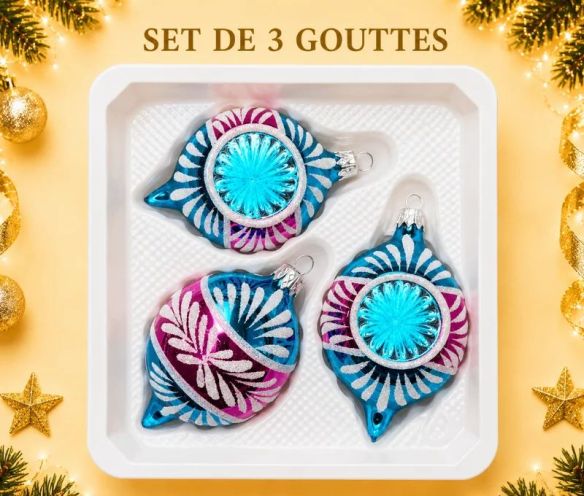 Coffret 3 gouttes de Noël verre soufflé peint à la main turquoise fuchsia rayons pailletés Givré Ø7cm H10cm