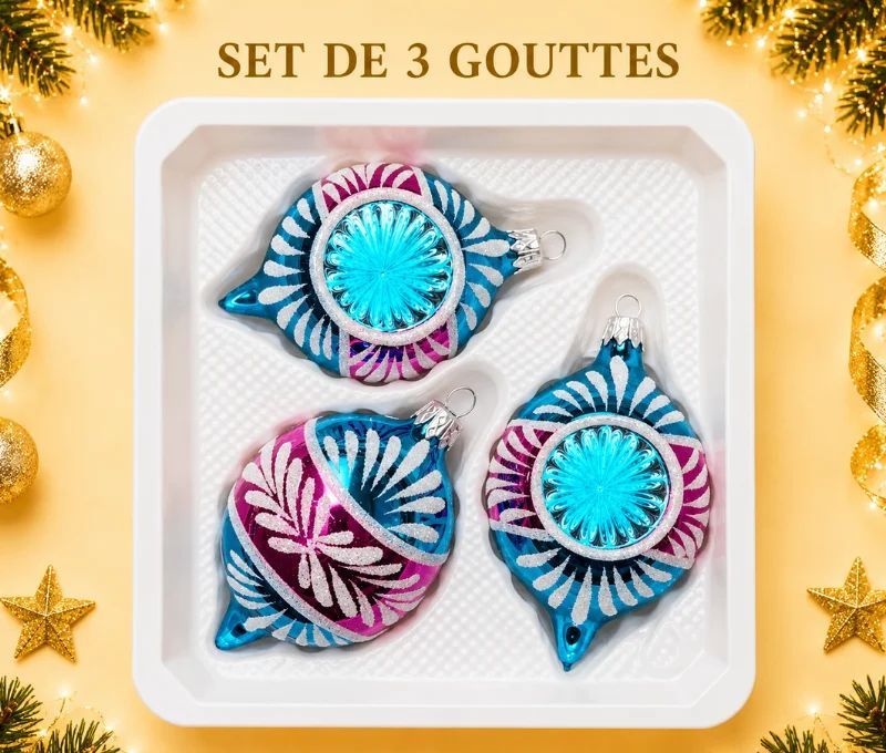 Coffret 3 gouttes de Noël verre soufflé peint à la main turquoise fuchsia rayons pailletés Givré Ø7cm H10cm