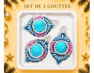 Coffret 3 gouttes de Noël verre soufflé peint à la main turquoise fuchsia rayons pailletés Givré Ø7cm H10cm