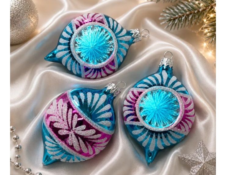 Coffret 3 gouttes de Noël verre soufflé peint à la main turquoise fuchsia rayons pailletés Givré Ø7cm H10cm