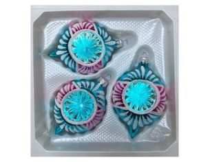 Coffret 3 gouttes de Noël verre soufflé peint à la main turquoise fuchsia rayons pailletés Givré Ø7cm H10cm