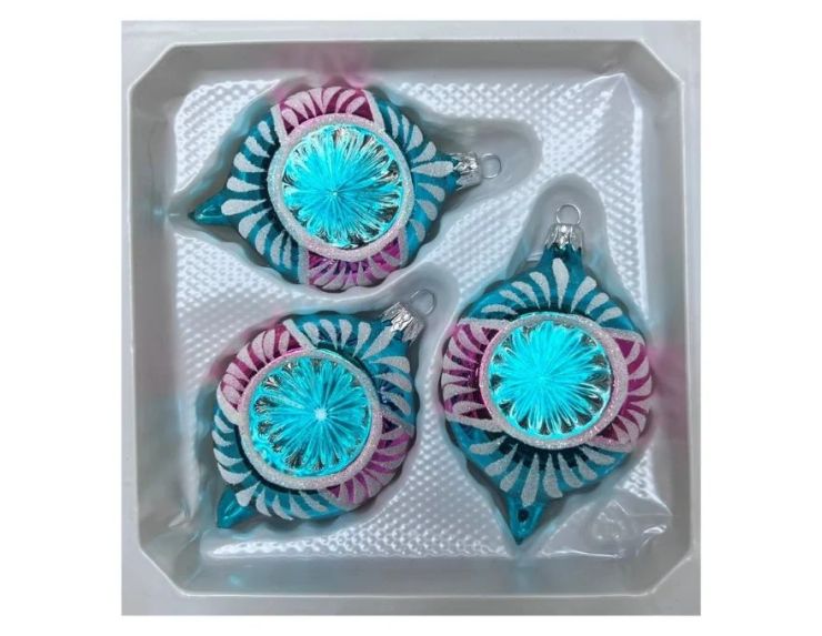 Coffret 3 gouttes de Noël verre soufflé peint à la main turquoise fuchsia rayons pailletés Givré Ø7cm H10cm