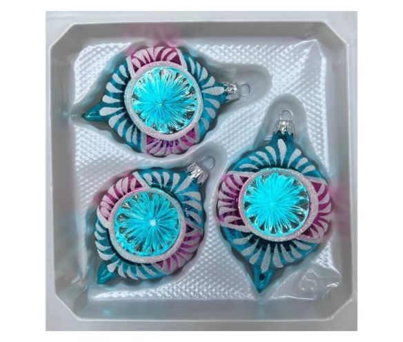 Coffret 3 gouttes de Noël verre soufflé peint à la main turquoise fuchsia rayons pailletés Givré Ø7cm H10cm