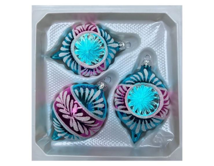 Coffret 3 gouttes de Noël verre soufflé peint à la main turquoise fuchsia rayons pailletés Givré Ø7cm H10cm