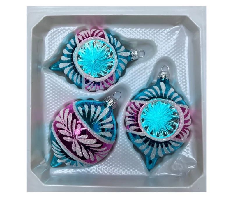 Coffret 3 gouttes de Noël verre soufflé peint à la main turquoise fuchsia rayons pailletés Givré Ø7cm H10cm