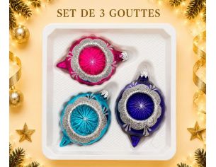 Coffret 3 gouttes de Noël verre fuchsia turquoise indigo bordure pailletée argentée  Ø7cm