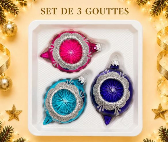 Coffret 3 gouttes de Noël verre fuchsia turquoise indigo bordure pailletée argentée  Ø7cm
