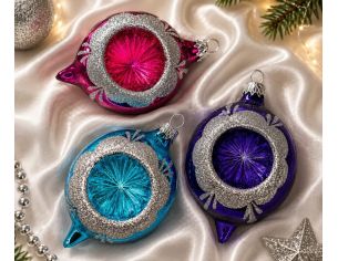 Coffret 3 gouttes de Noël verre fuchsia turquoise indigo bordure pailletée argentée  Ø7cm