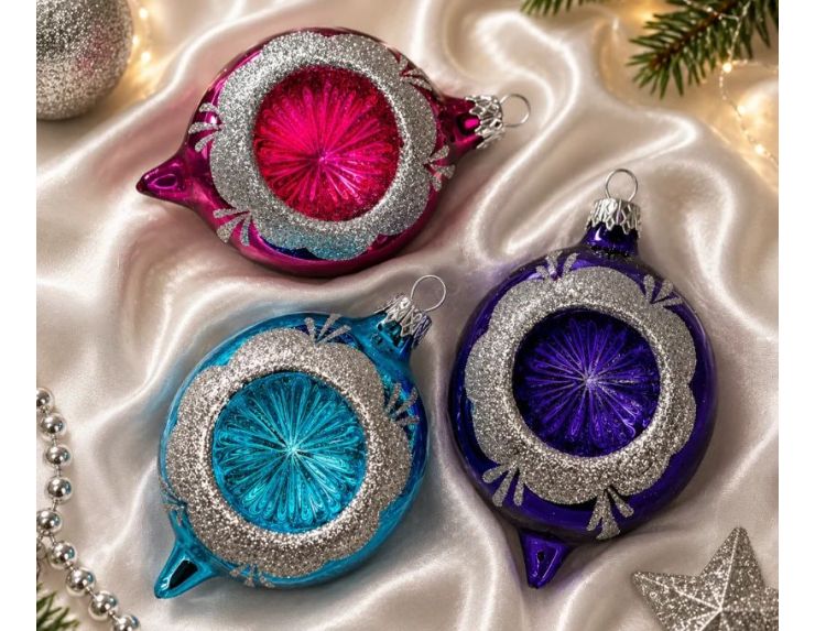 Coffret 3 gouttes de Noël verre fuchsia turquoise indigo bordure pailletée argentée  Ø7cm