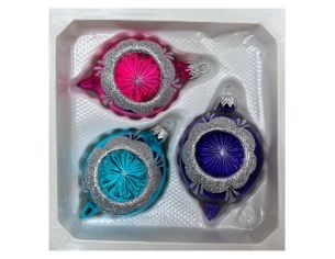 Coffret 3 gouttes de Noël verre fuchsia turquoise indigo bordure pailletée argentée  Ø7cm