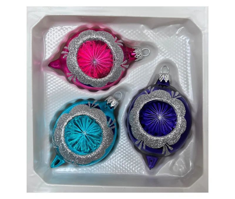 Coffret 3 gouttes de Noël verre fuchsia turquoise indigo bordure pailletée argentée  Ø7cm