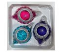 Voir la slide Coffret 3 gouttes de Noël verre fuchsia turquoise indigo bordure pailletée argentée  Ø7cm