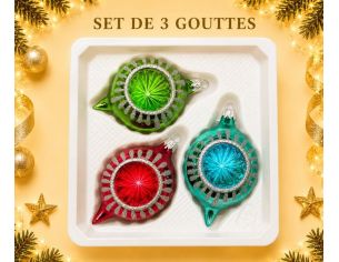Coffret 3 gouttes de Noël verre soufflé peint à la main vert rouge turquoise rayons pailletés Ø7cm H10cm