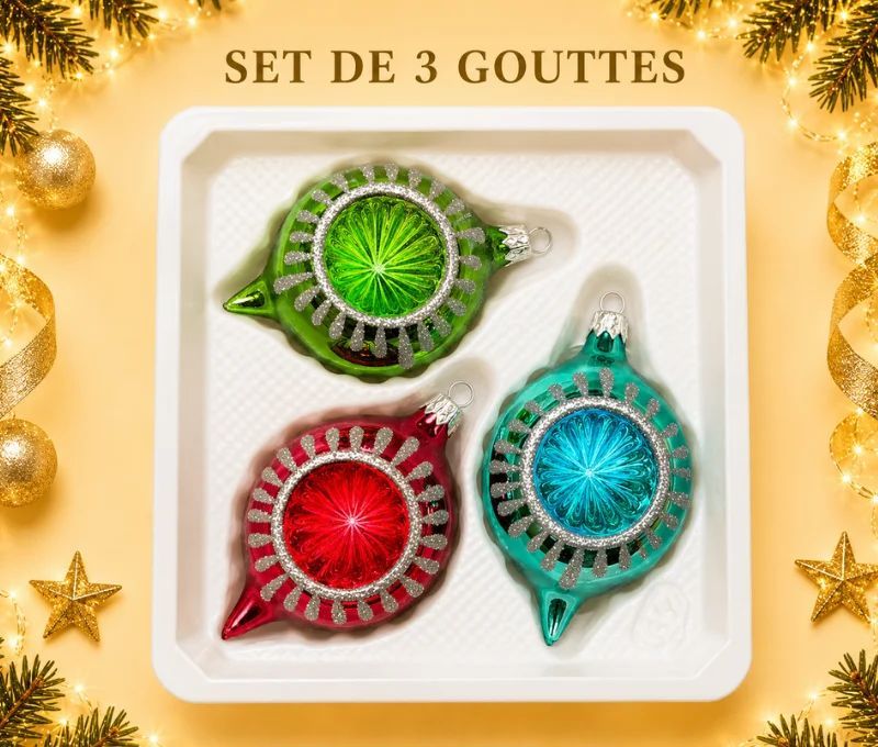 Coffret 3 gouttes de Noël verre soufflé peint à la main vert rouge turquoise rayons pailletés Ø7cm H10cm