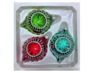 Coffret 3 gouttes de Noël verre soufflé peint à la main vert rouge turquoise rayons pailletés Ø7cm H10cm