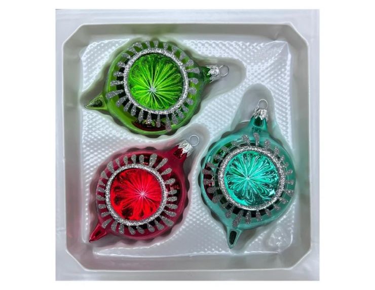 Coffret 3 gouttes de Noël verre soufflé peint à la main vert rouge turquoise rayons pailletés Ø7cm H10cm