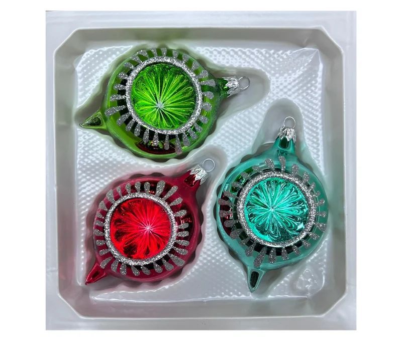 Coffret 3 gouttes de Noël verre soufflé peint à la main vert rouge turquoise rayons pailletés Ø7cm H10cm