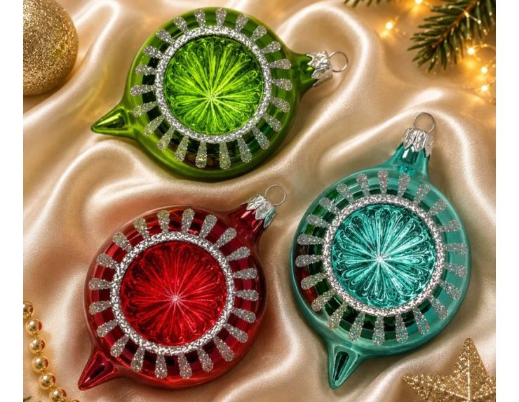 Coffret 3 gouttes de Noël verre soufflé peint à la main vert rouge turquoise rayons pailletés Ø7cm H10cm