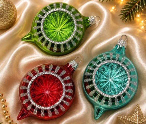 Coffret 3 gouttes de Noël verre soufflé peint à la main vert rouge turquoise rayons pailletés Ø7cm H10cm