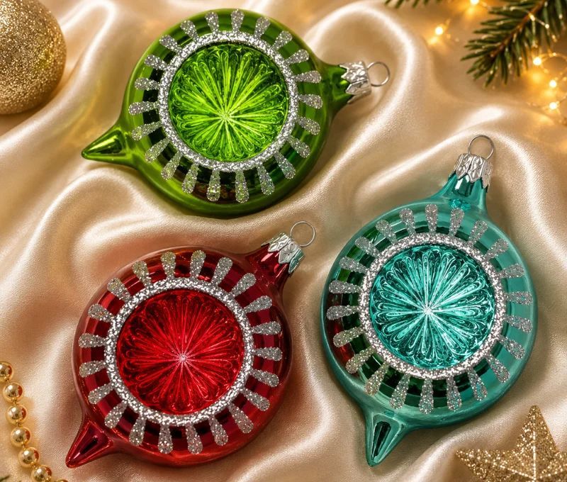 Coffret 3 gouttes de Noël verre soufflé peint à la main vert rouge turquoise rayons pailletés Ø7cm H10cm