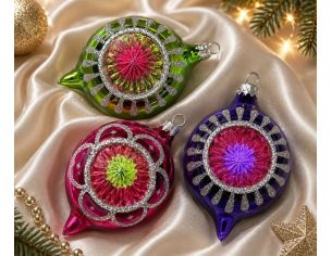 Coffret 3 gouttes de Noël verre soufflé peint à la main vert rose bleu marine motifs Ø7cm H10cm