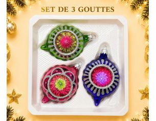 Coffret 3 gouttes de Noël verre soufflé peint à la main vert rose bleu marine motifs Ø7cm H10cm