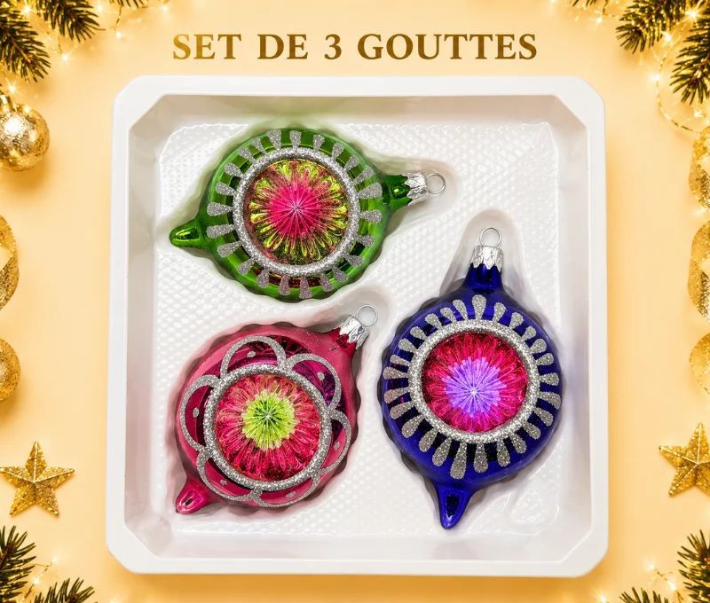Coffret 3 gouttes de Noël verre soufflé peint à la main vert rose bleu marine motifs Ø7cm H10cm